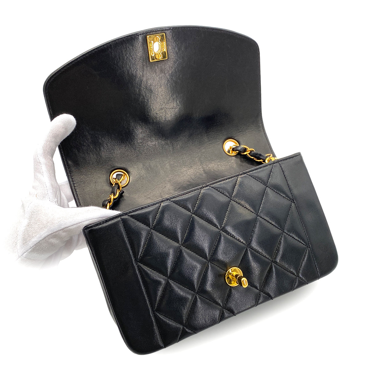 CHANEL VINTAGE DIANA SMALL CHAIN SHOULDER BAG BLACK LAMB SKIN 90268881