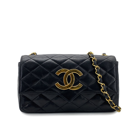 CHANEL VINTAGE MATELASSE BIG COCO CHAIN SHOULDER BAG BLACK LAMB SKIN 90268889