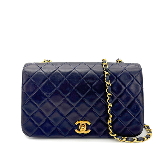 CHANEL VINTAGE FULL FLAP CHAIN SHOULDER BAG NAVY LAMB SKIN  90268892