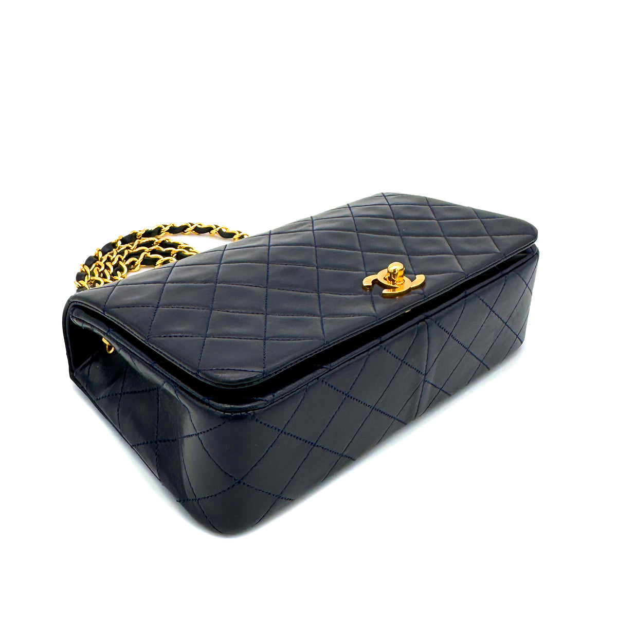 CHANEL VINTAGE FULL FLAP CHAIN SHOULDER BAG NAVY LAMB SKIN  90268892