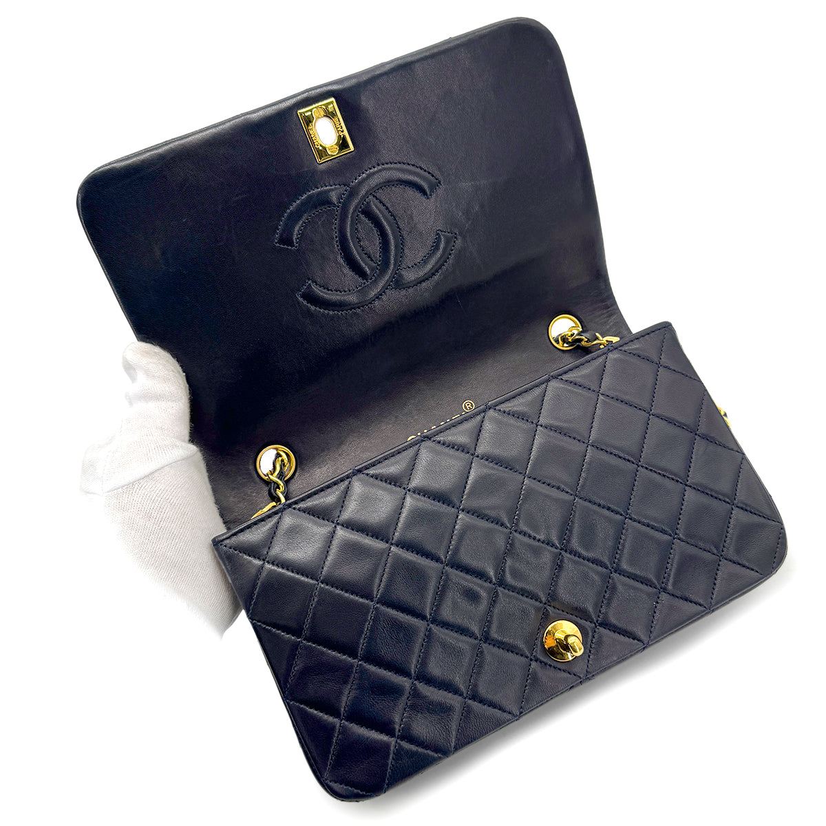 CHANEL VINTAGE FULL FLAP CHAIN SHOULDER BAG NAVY LAMB SKIN  90268892