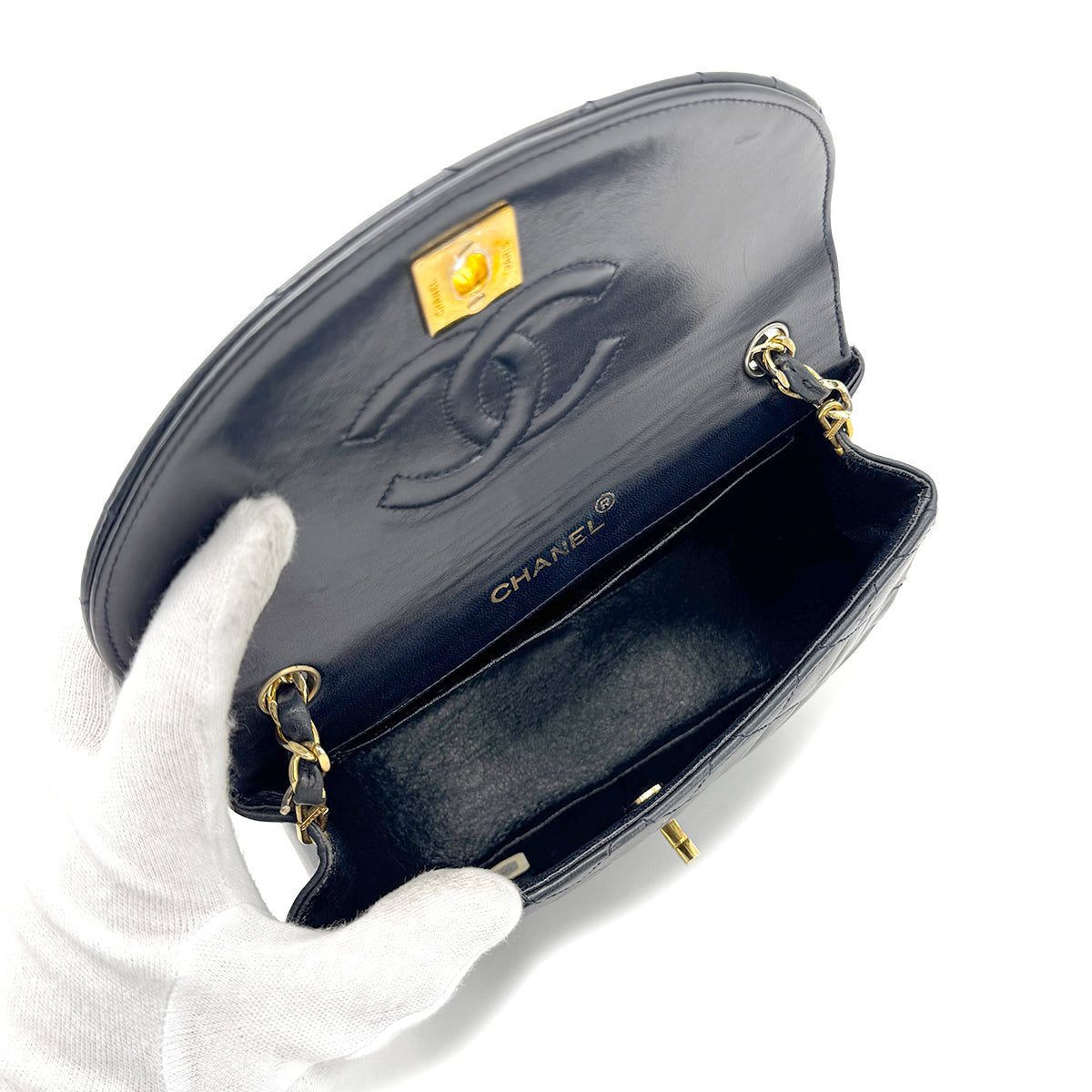 CHANEL VINTAGE CHAIN SHOULDER BAG NAVY LAMB SKIN 90268907