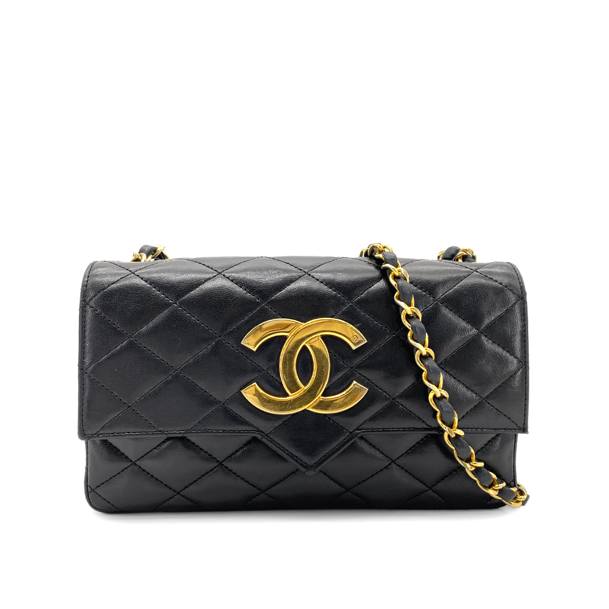 CHANEL VINTAGE MATELASSE BIG COCO CHAIN SHOULDER BAG BLACK LAMB SKIN 90268908