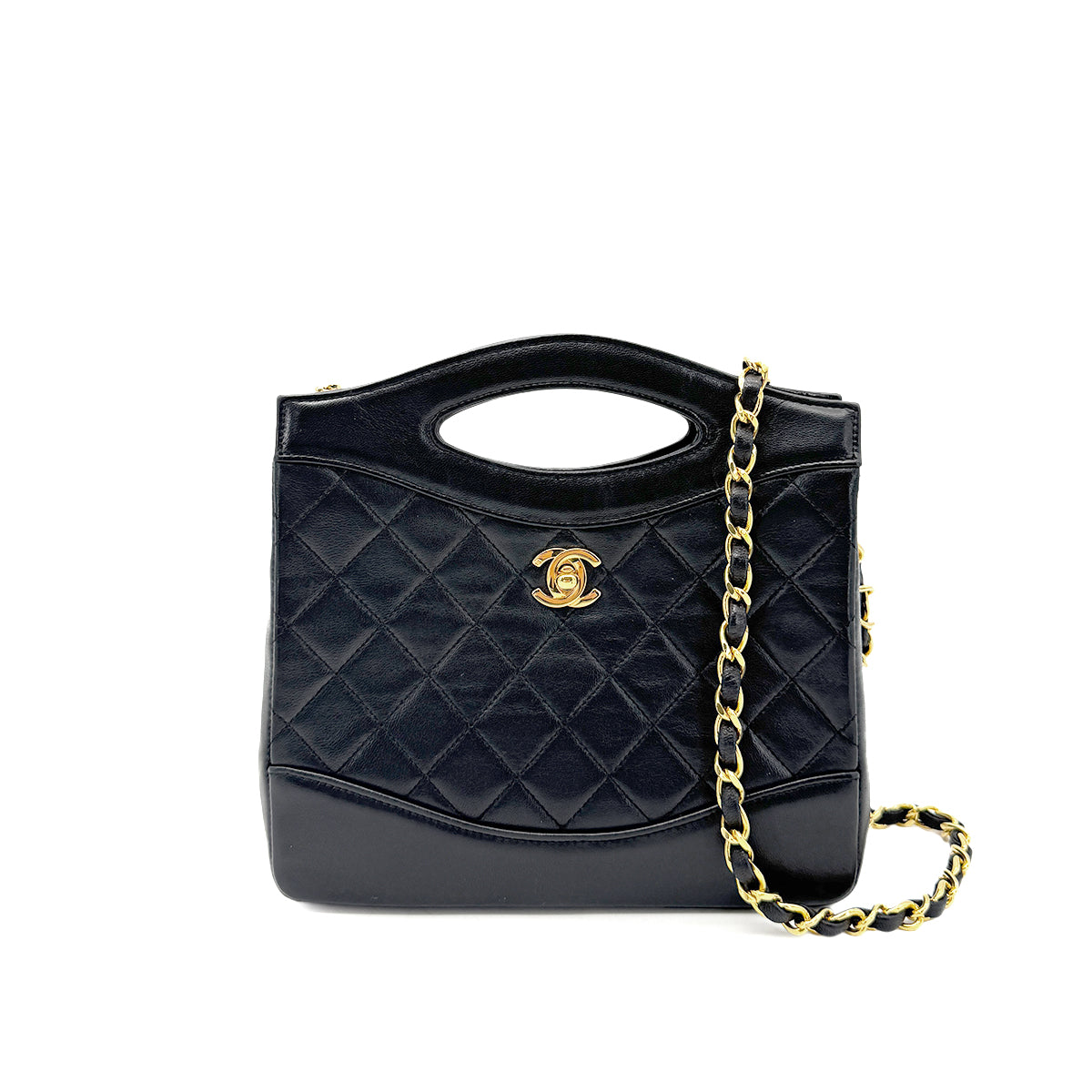 CHANEL VINTAGE 2WAY HAND CHAIN SHOULDER BAG BLACK LAMB SKIN 90269077