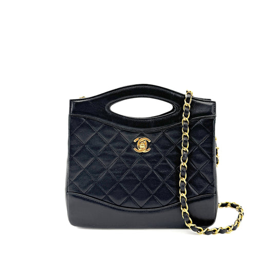 CHANEL VINTAGE 2WAY HAND CHAIN SHOULDER BAG BLACK LAMB SKIN 90269077