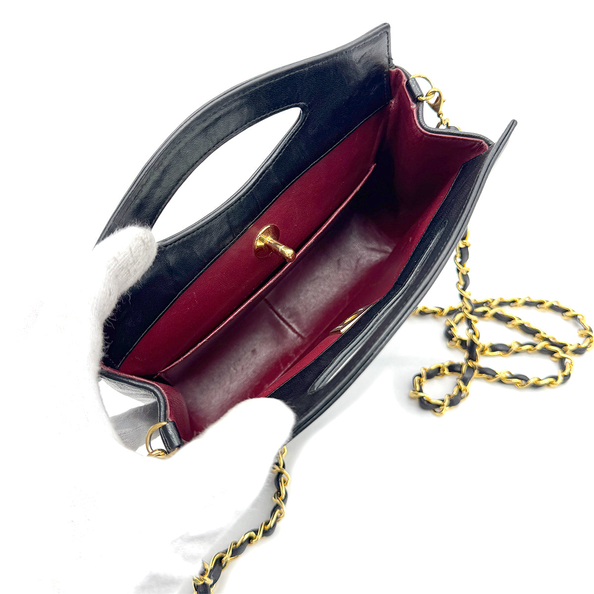 CHANEL VINTAGE 2WAY HAND CHAIN SHOULDER BAG BLACK LAMB SKIN 90269077