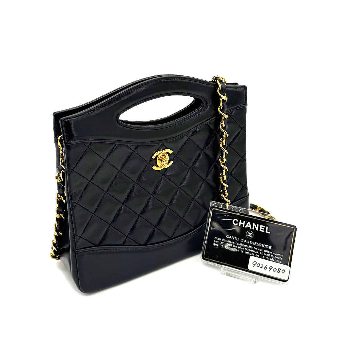 CHANEL VINTAGE 2WAY HAND CHAIN SHOULDER BAG BLACK LAMB SKIN 90269080