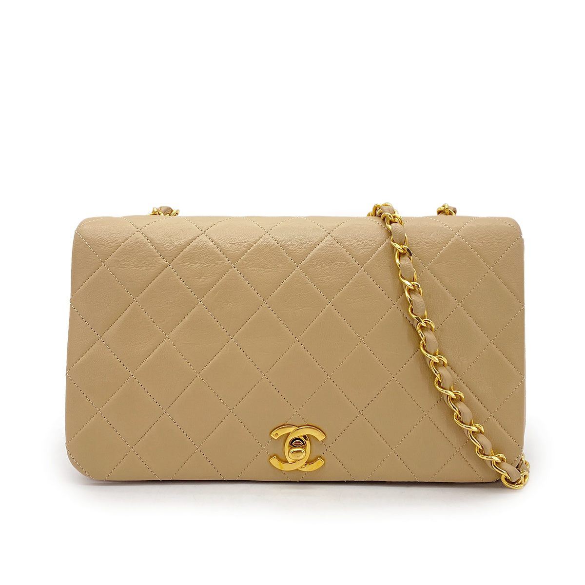 CHANEL VINTAGE FULL FLAP CHAIN SHOULDER BAG BEIGE LAMB SKIN 90269121