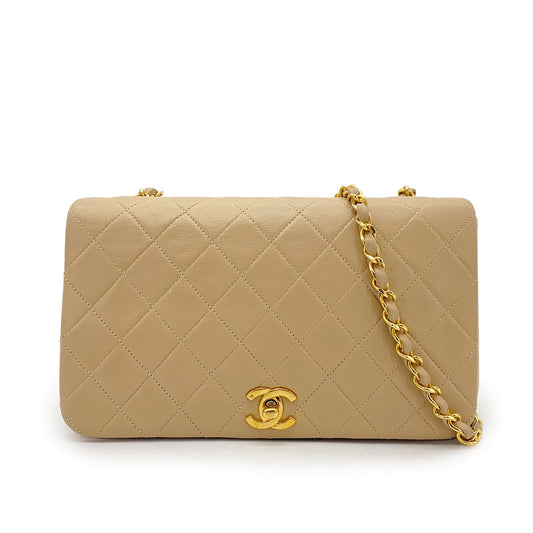 CHANEL VINTAGE FULL FLAP CHAIN SHOULDER BAG BEIGE LAMB SKIN 90269121