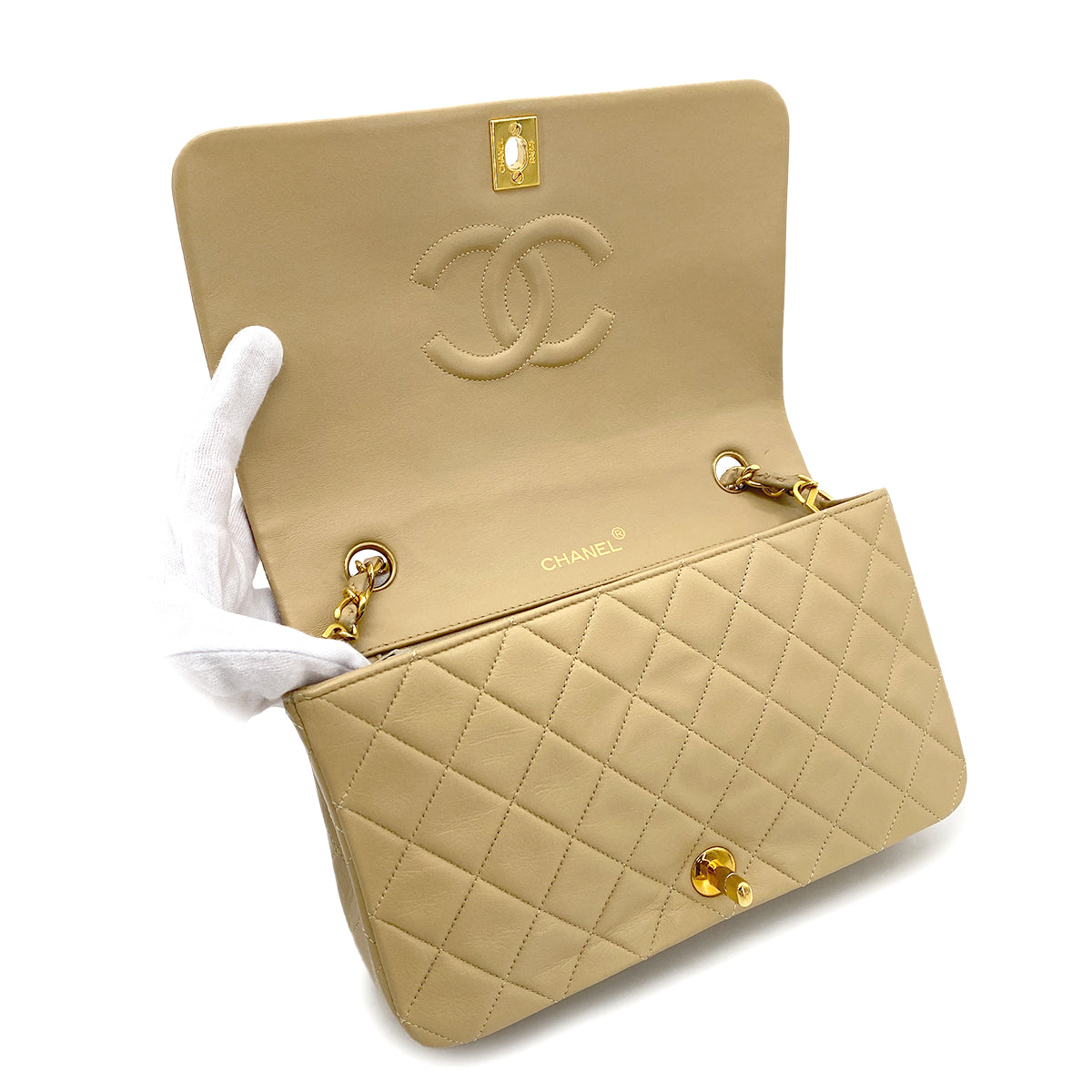 CHANEL VINTAGE FULL FLAP CHAIN SHOULDER BAG BEIGE LAMB SKIN 90269121