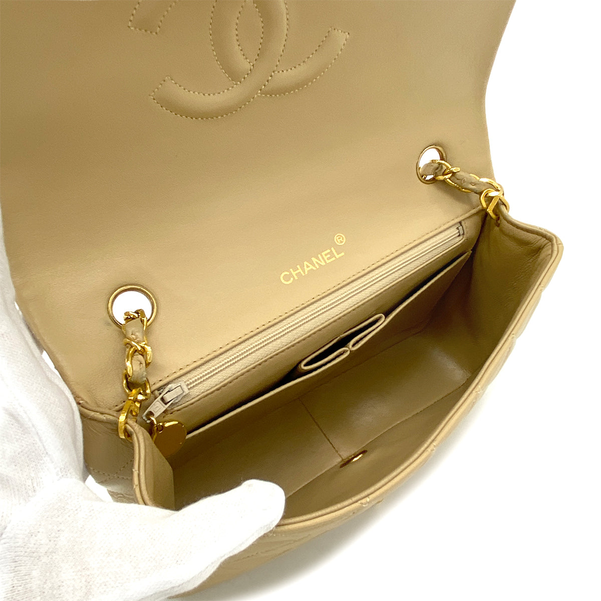 CHANEL VINTAGE FULL FLAP CHAIN SHOULDER BAG BEIGE LAMB SKIN 90269121