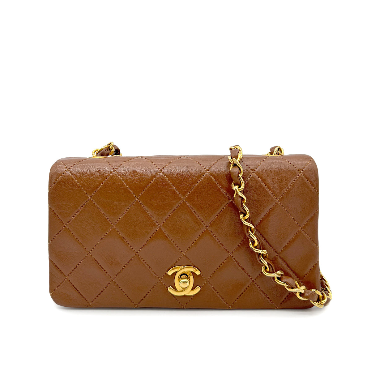 CHANEL VINTAGE FULL FLAP CHAIN SHOULDER BAG BROWN LAMB SKIN 90269126