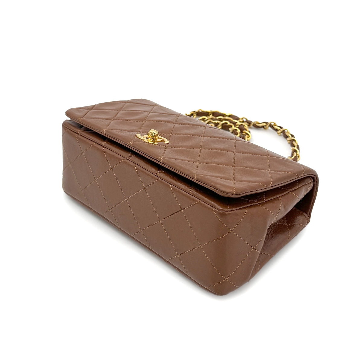 CHANEL VINTAGE FULL FLAP CHAIN SHOULDER BAG BROWN LAMB SKIN 90269126