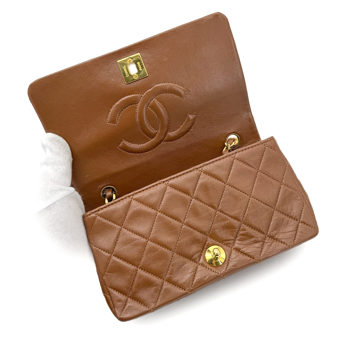 CHANEL VINTAGE FULL FLAP CHAIN SHOULDER BAG BROWN LAMB SKIN 90269126