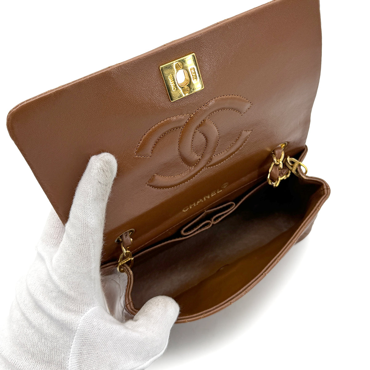 CHANEL VINTAGE FULL FLAP CHAIN SHOULDER BAG BROWN LAMB SKIN 90269126