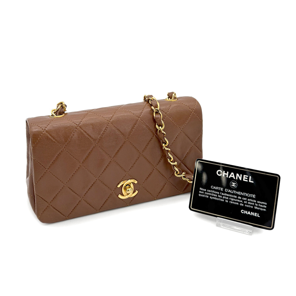 CHANEL VINTAGE FULL FLAP CHAIN SHOULDER BAG BROWN LAMB SKIN 90269126