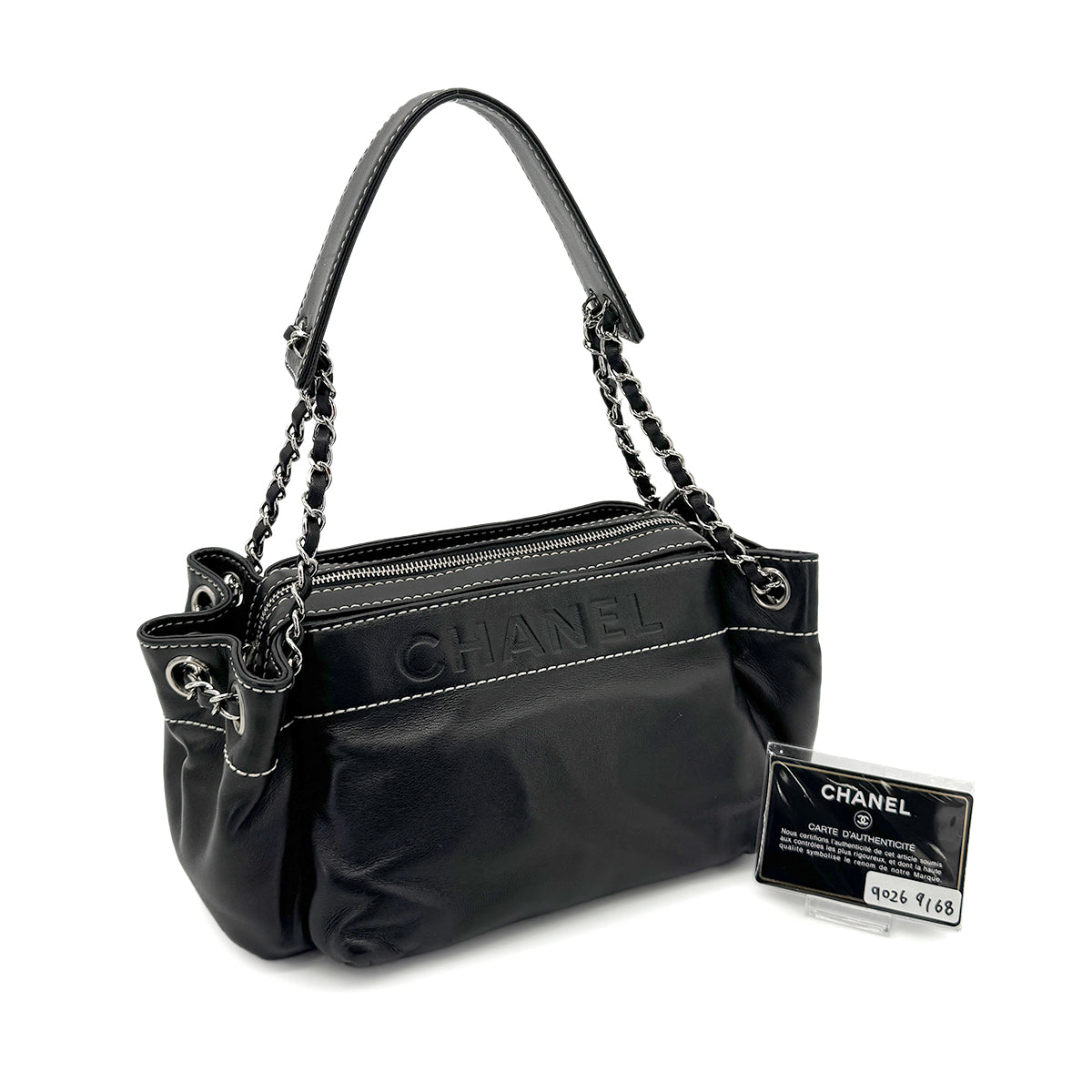 CHANEL VINTAGE LOGO CHAIN SHOULDER BAG BLACK LAMB SKIN 90269168