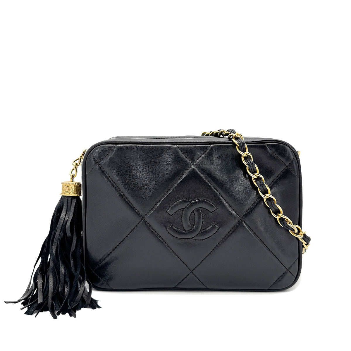 CHANEL VINTAGE FRINGE CHAIN SHOULDER BAG BLACK LAMB SKIN 90269172