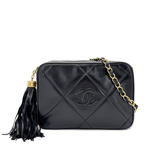 CHANEL VINTAGE FRINGE CHAIN SHOULDER BAG BLACK LAMB SKIN 90269172