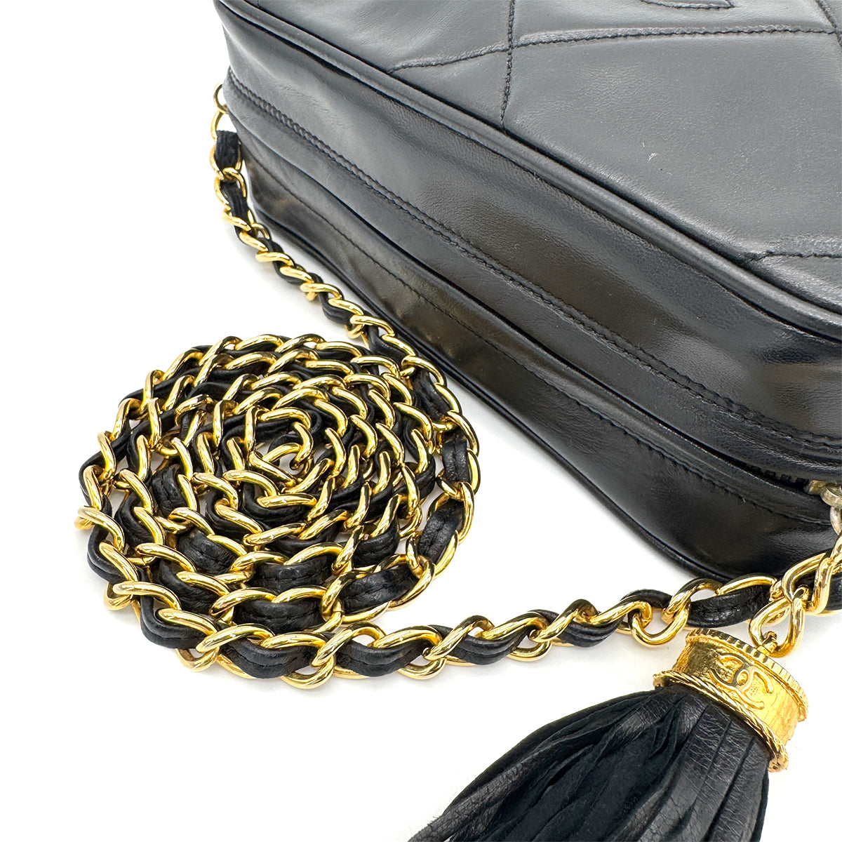 CHANEL VINTAGE FRINGE CHAIN SHOULDER BAG BLACK LAMB SKIN 90269172
