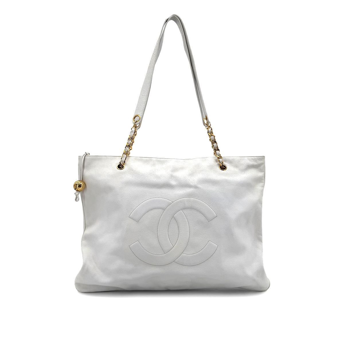 CHANEL VINTAGE BIG COCO CHAIN TOTE BAG WHITE CAVIAR SKIN 90269181