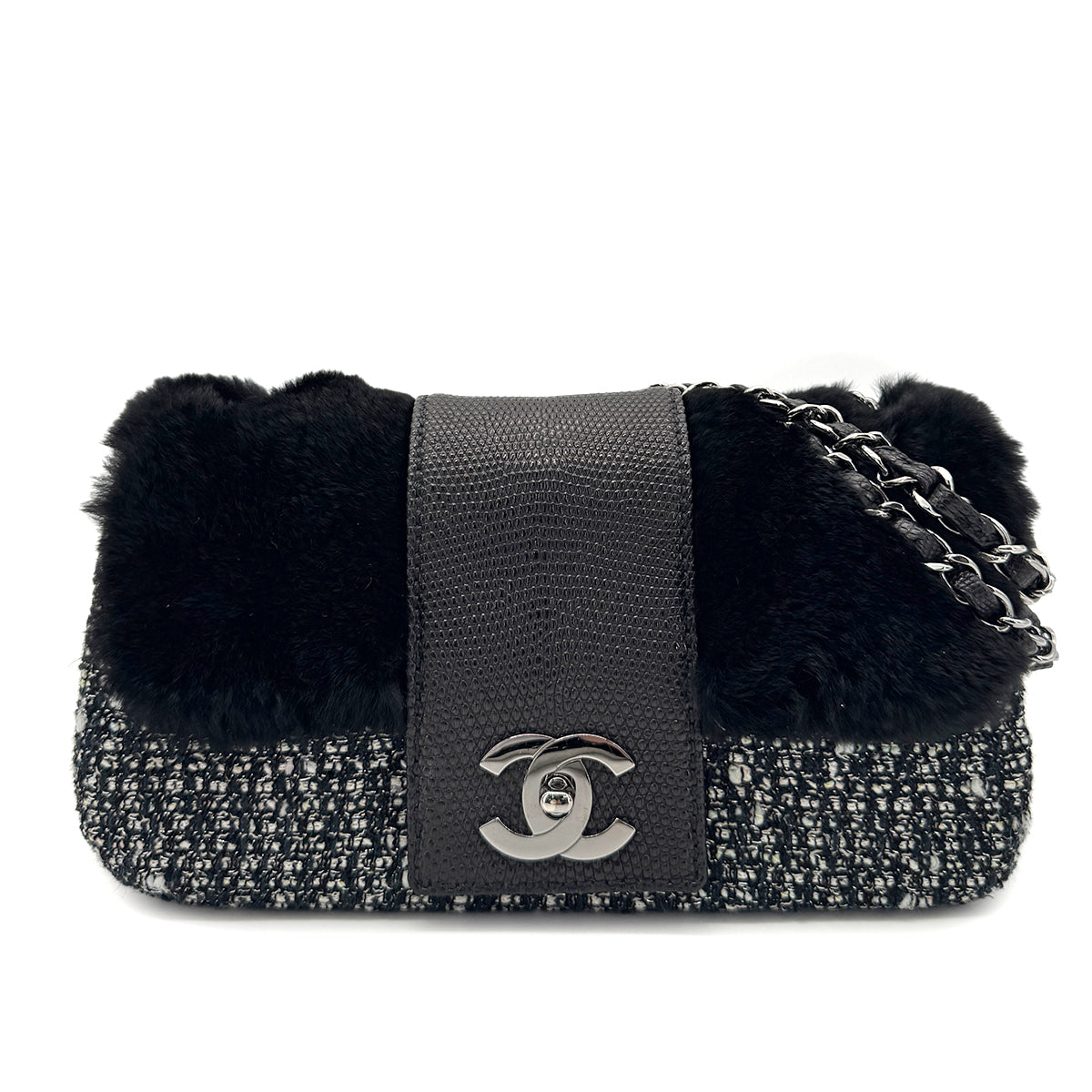 CHANEL VINTAGE CHAIN SHOULDER BAG BLACK TWEED FUR 90269238