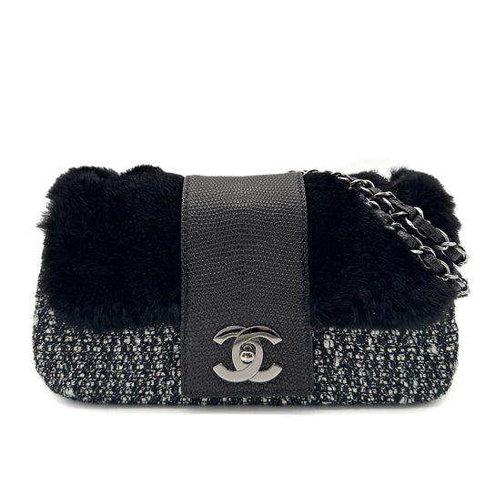 CHANEL VINTAGE CHAIN SHOULDER BAG BLACK TWEED FUR 90269238