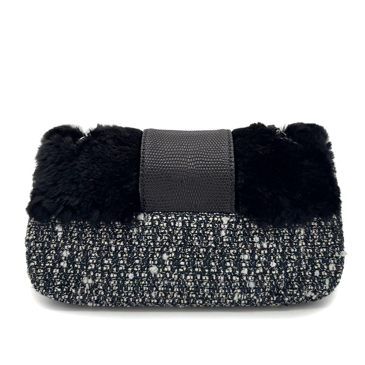 CHANEL VINTAGE CHAIN SHOULDER BAG BLACK TWEED FUR 90269238