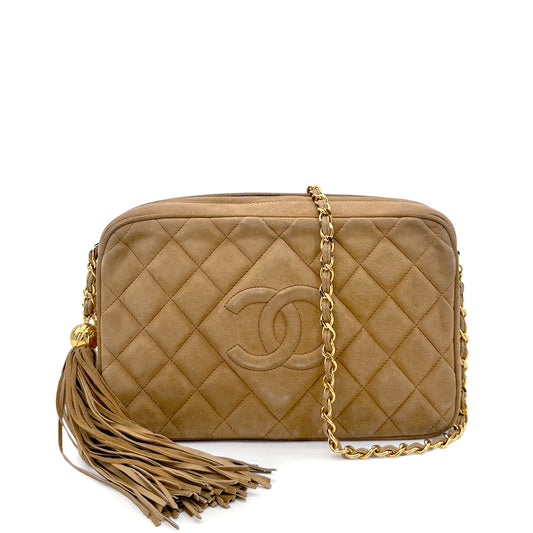 CHANEL VINTAGE FRINGE CHAIN SHOULDER BAG BROWN SUEDE 90269254