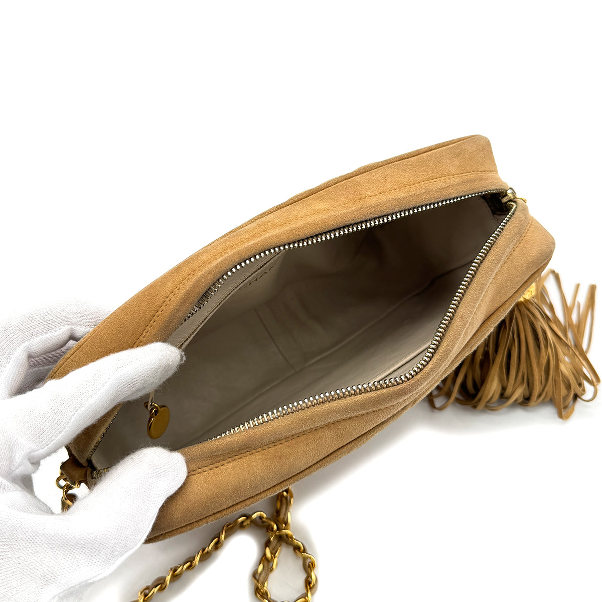 CHANEL VINTAGE FRINGE CHAIN SHOULDER BAG BROWN SUEDE 90269254