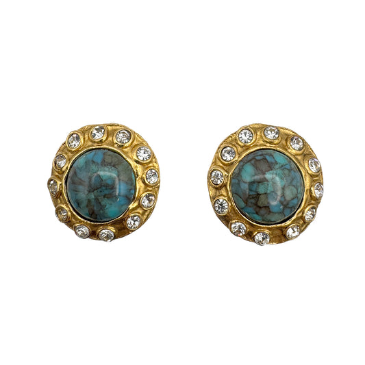 CHANEL VINTAGE EARRINGS ROUND RHINESTONE TURQUOISE ACCESSORY 90269256
