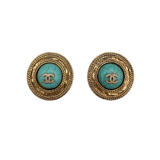 CHANEL VINTAGE EARRINGS ROUND COCOMARK TURQUOISE ACCESSORY 25 90269261