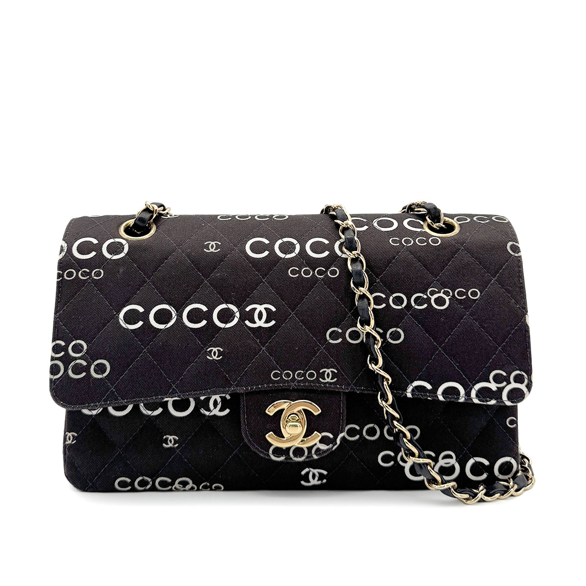 CHANEL VINTAGE CLASSIC FLAP MEDIUM CHAIN SHOULDER BAG BLACK CANVAS 90269266