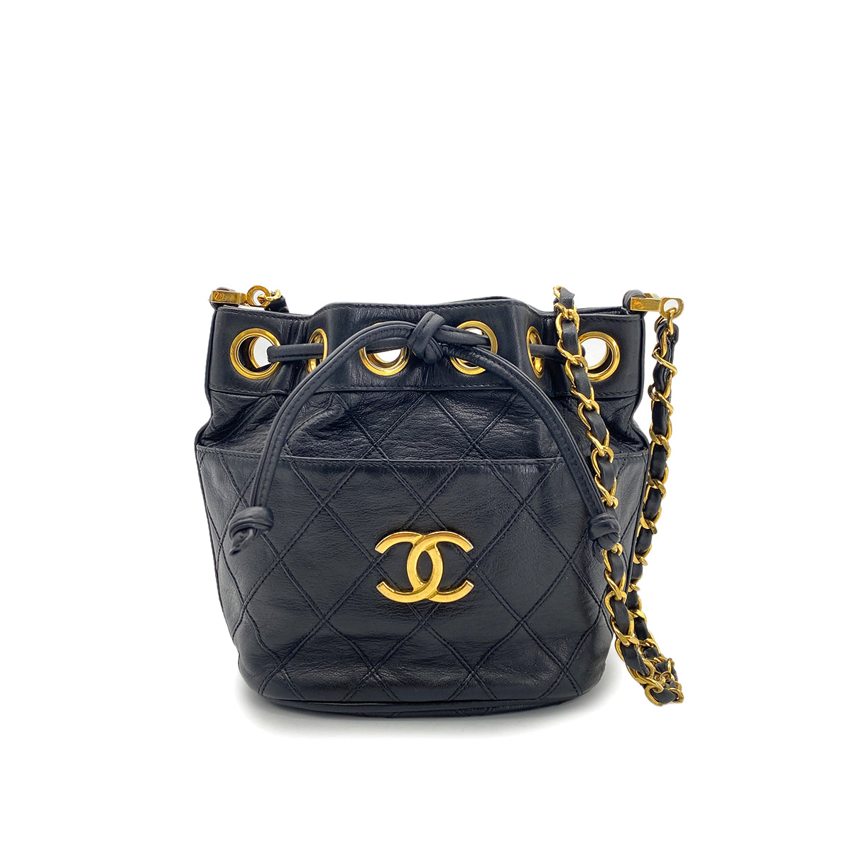 CHANEL VINTAGE BICOLORE DRAWSTRING CHAIN SHOULDER BAG BLACK LAMB SKIN 90269268