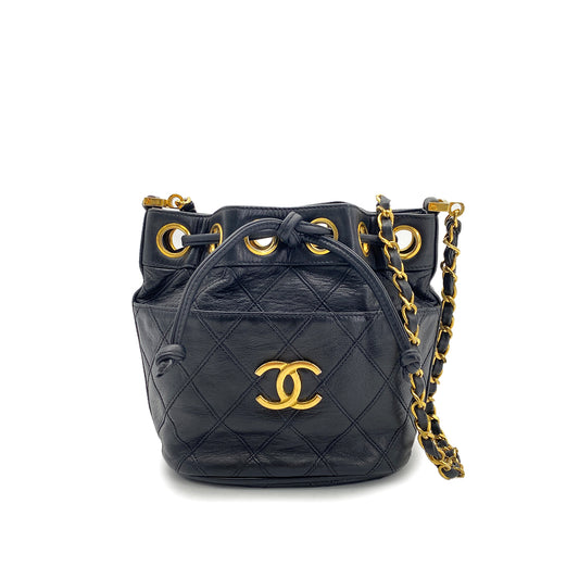 CHANEL VINTAGE BICOLORE DRAWSTRING CHAIN SHOULDER BAG BLACK LAMB SKIN 90269268