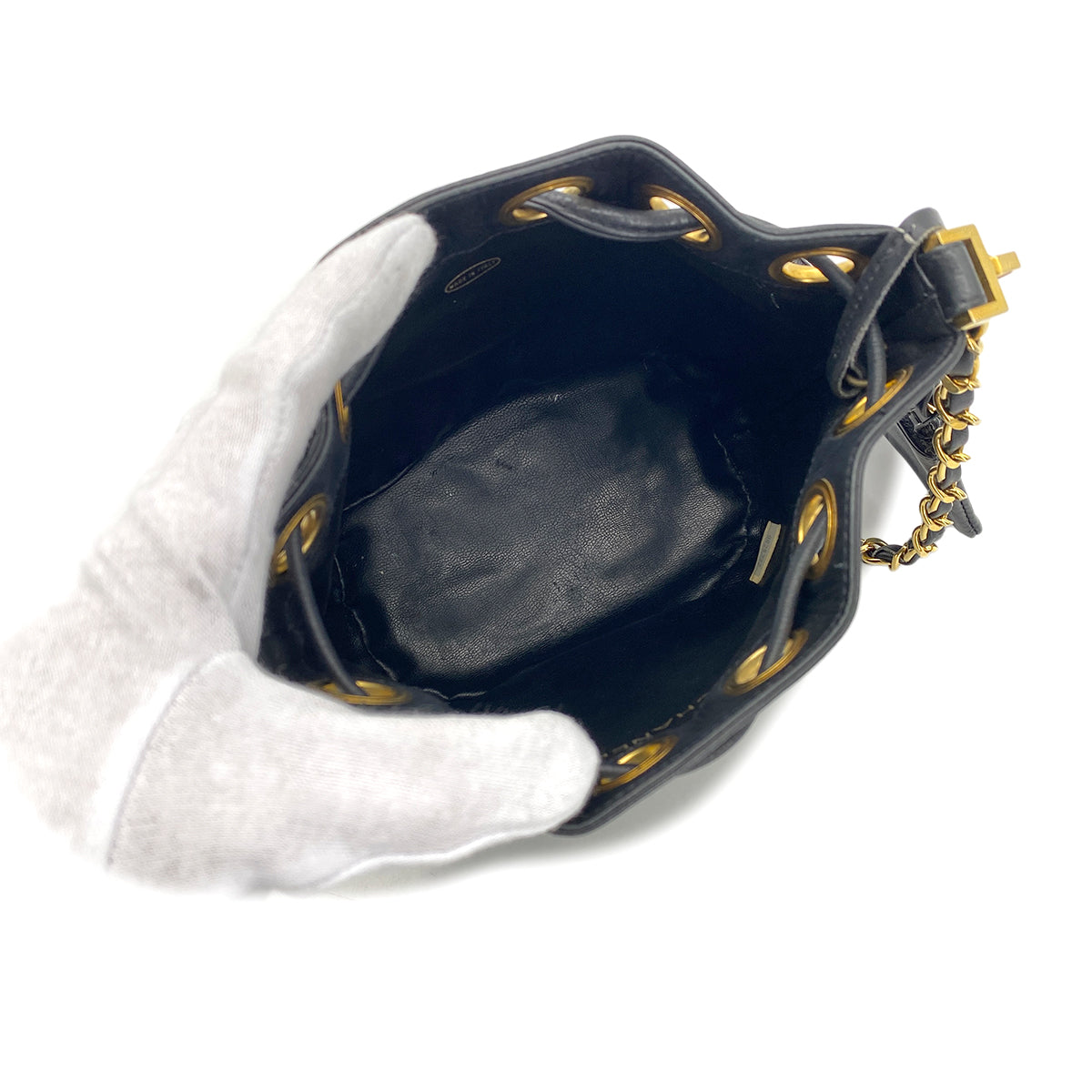 CHANEL VINTAGE BICOLORE DRAWSTRING CHAIN SHOULDER BAG BLACK LAMB SKIN 90269268