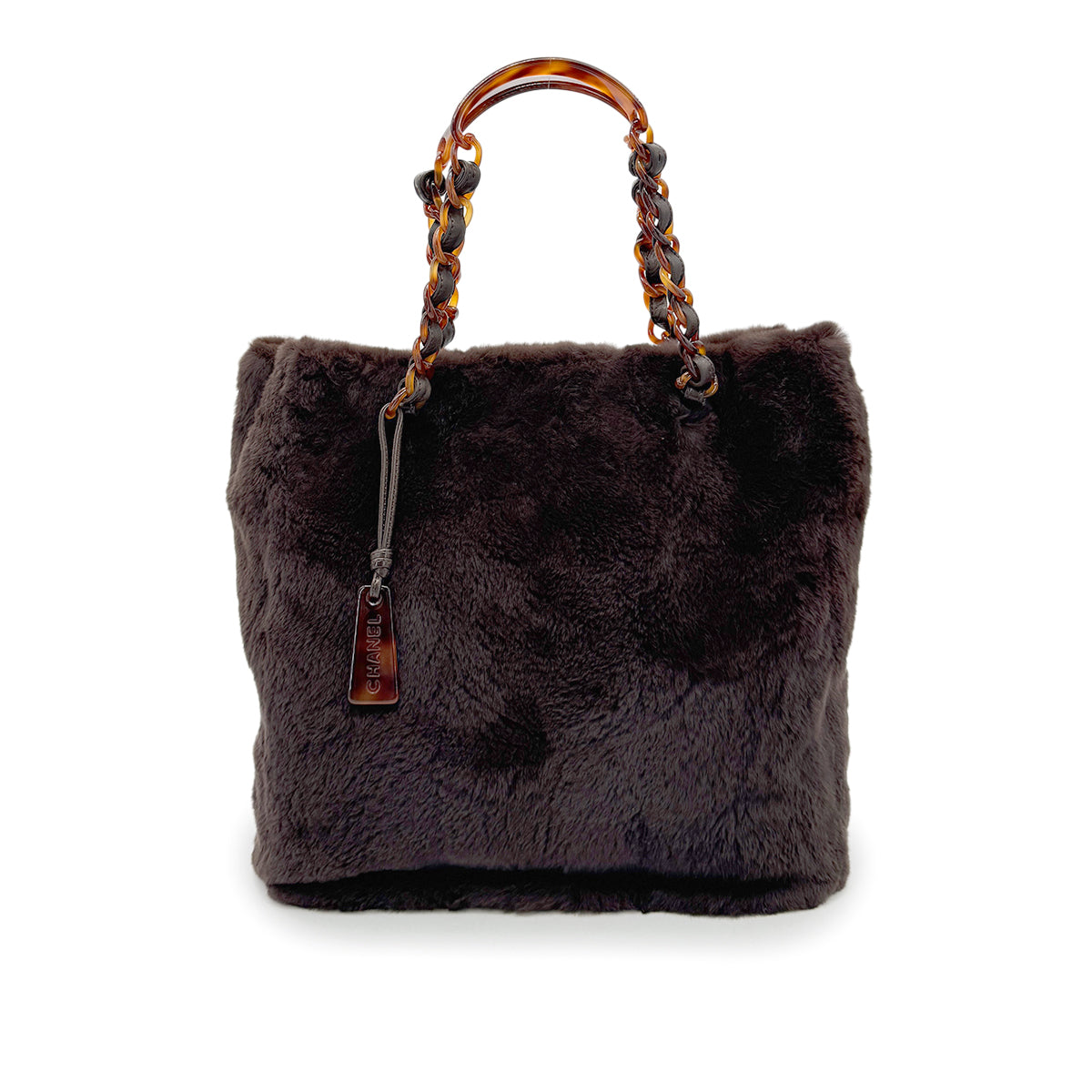 CHANEL VINTAGE LAPINFUR TORTOISESHELL CHAIN TOTE BAG BROWN 90269269
