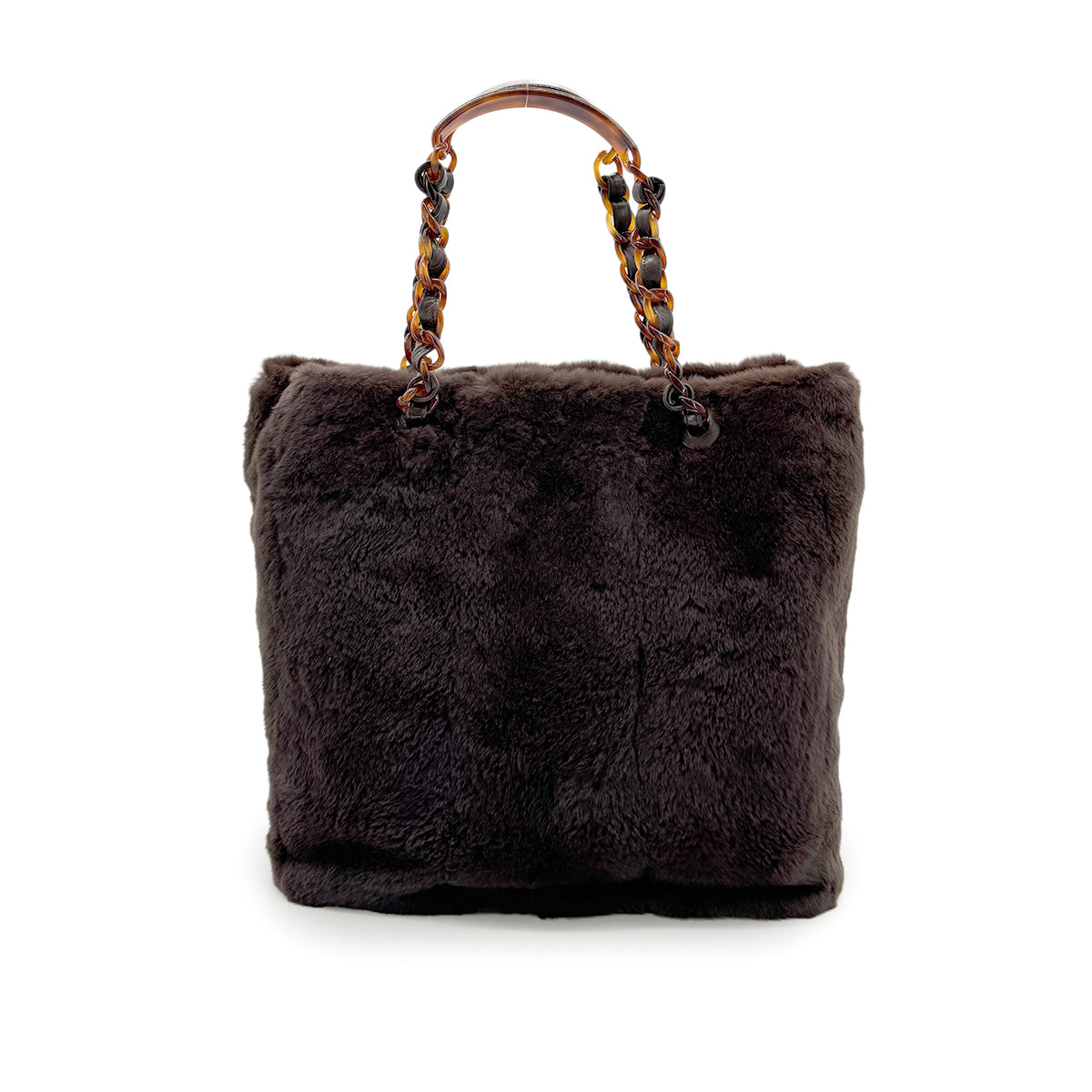 CHANEL VINTAGE LAPINFUR TORTOISESHELL CHAIN TOTE BAG BROWN 90269269