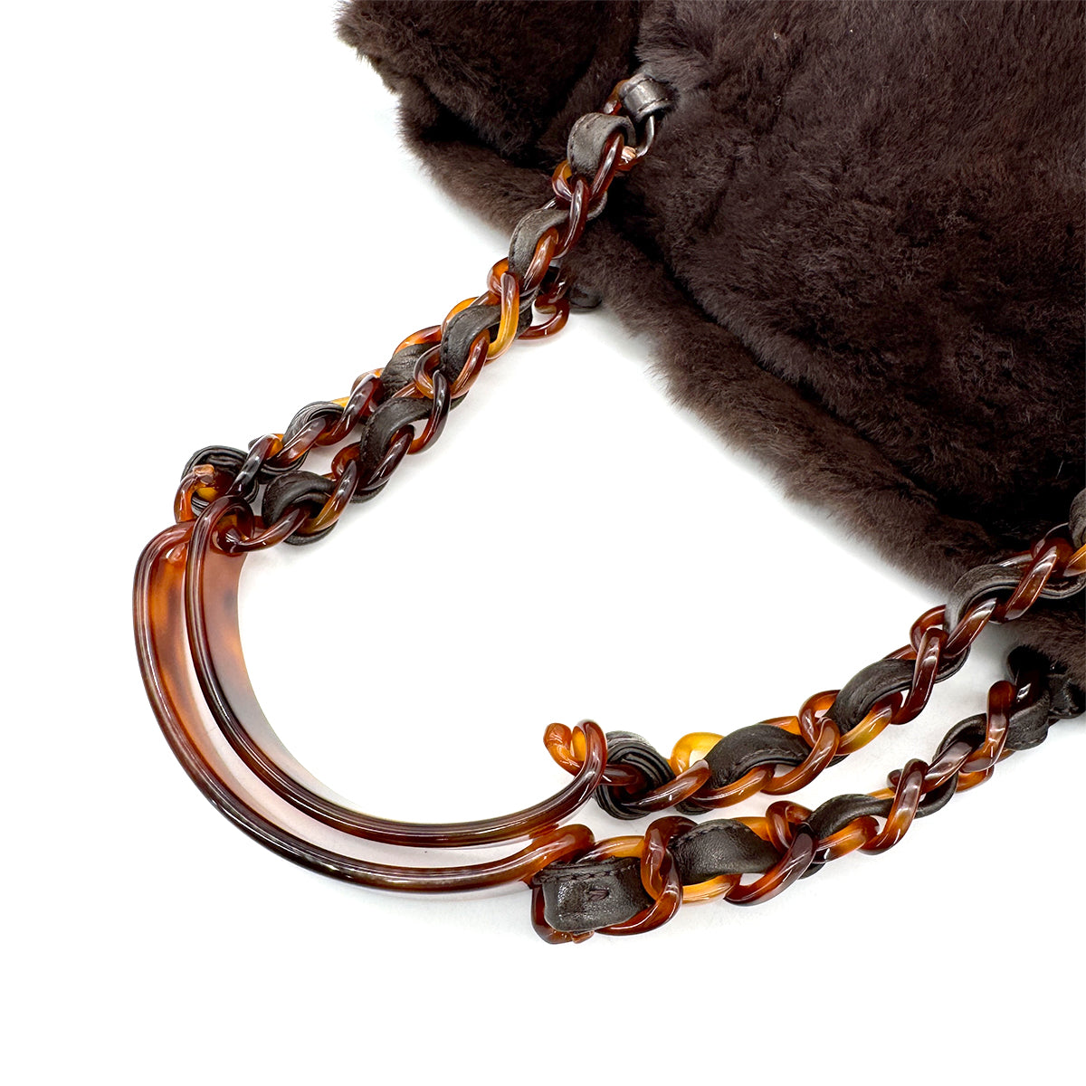 CHANEL VINTAGE LAPINFUR TORTOISESHELL CHAIN TOTE BAG BROWN 90269269