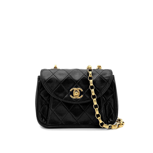 CHANEL VINTAGE MATELASSE MINI CHAIN SHOULDER BAG BLACK LAMB SKIN 90269602