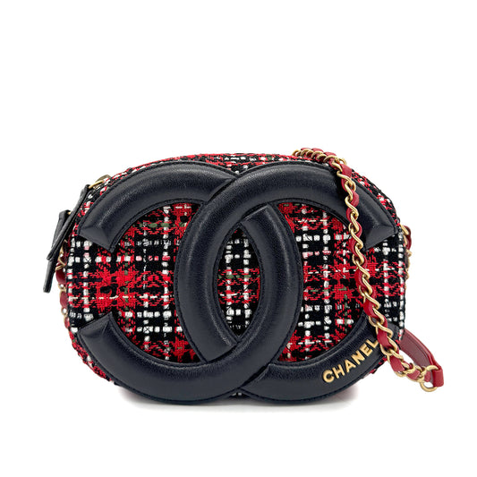 CHANEL BIG COCO ROUND CHAIN SHOULDER BAG BLACK RED TWEED 90269607