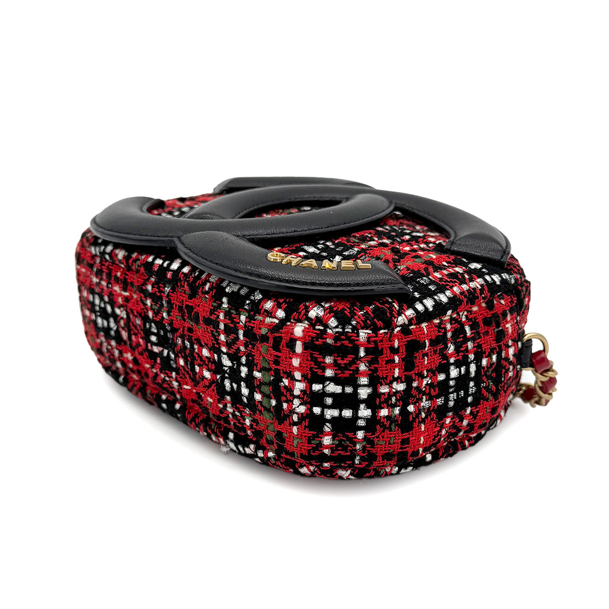 CHANEL BIG COCO ROUND CHAIN SHOULDER BAG BLACK RED TWEED 90269607