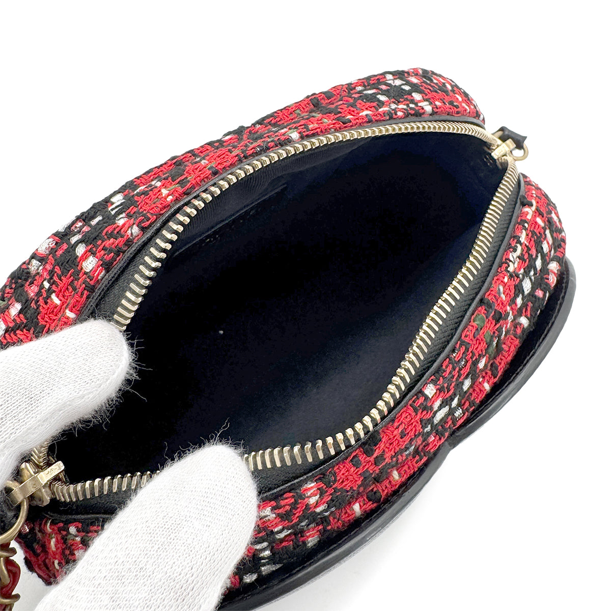 CHANEL BIG COCO ROUND CHAIN SHOULDER BAG BLACK RED TWEED 90269607