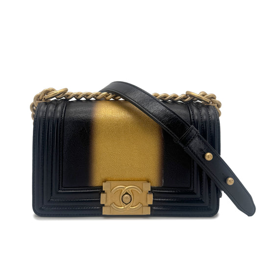 CHANEL BOY CHANEL MINI CHAIN SHOULDER BAG BLACK GOLD LEATHER 90269614