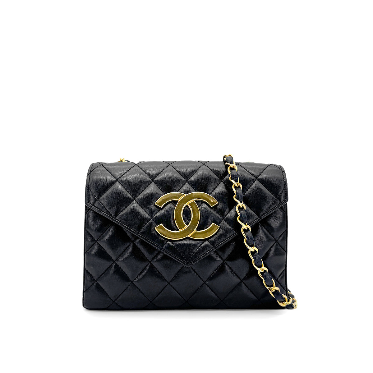 CHANEL VINTAGE BIG COCO CHAIN SHOULDER BAG BLACK LAMB SKIN 90269618