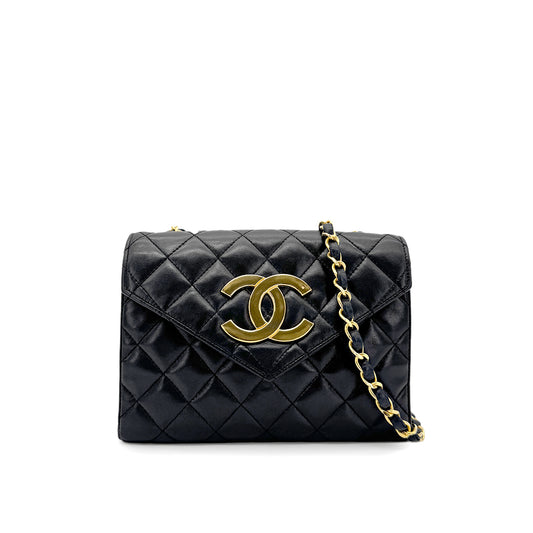 CHANEL VINTAGE BIG COCO CHAIN SHOULDER BAG BLACK LAMB SKIN 90269618