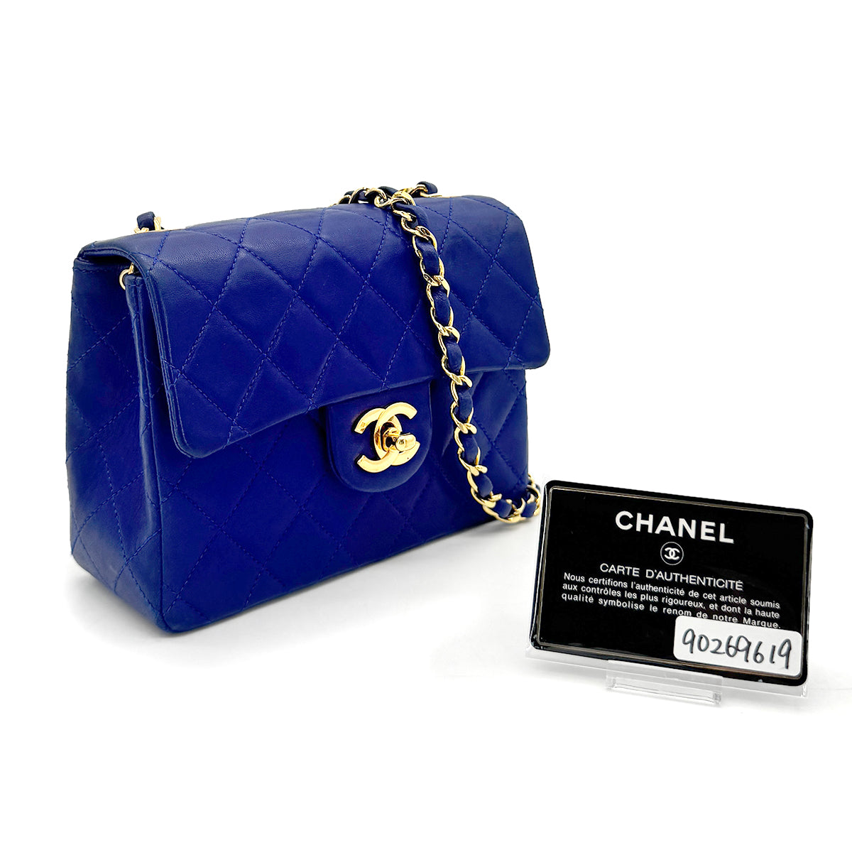 CHANEL VINTAGE MINI SQUARE 17 CHAIN SHOULDER BAG BLUE LAMB SKIN 90269619