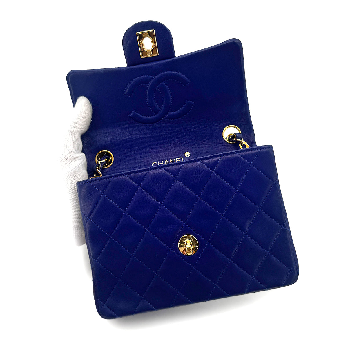CHANEL VINTAGE MINI SQUARE 17 CHAIN SHOULDER BAG BLUE LAMB SKIN 90269619
