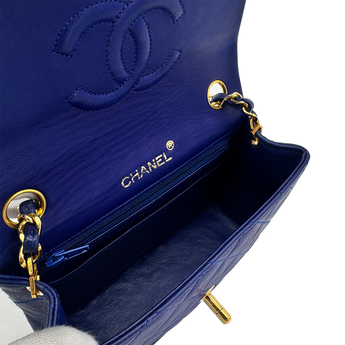 CHANEL VINTAGE MINI SQUARE 17 CHAIN SHOULDER BAG BLUE LAMB SKIN 90269619