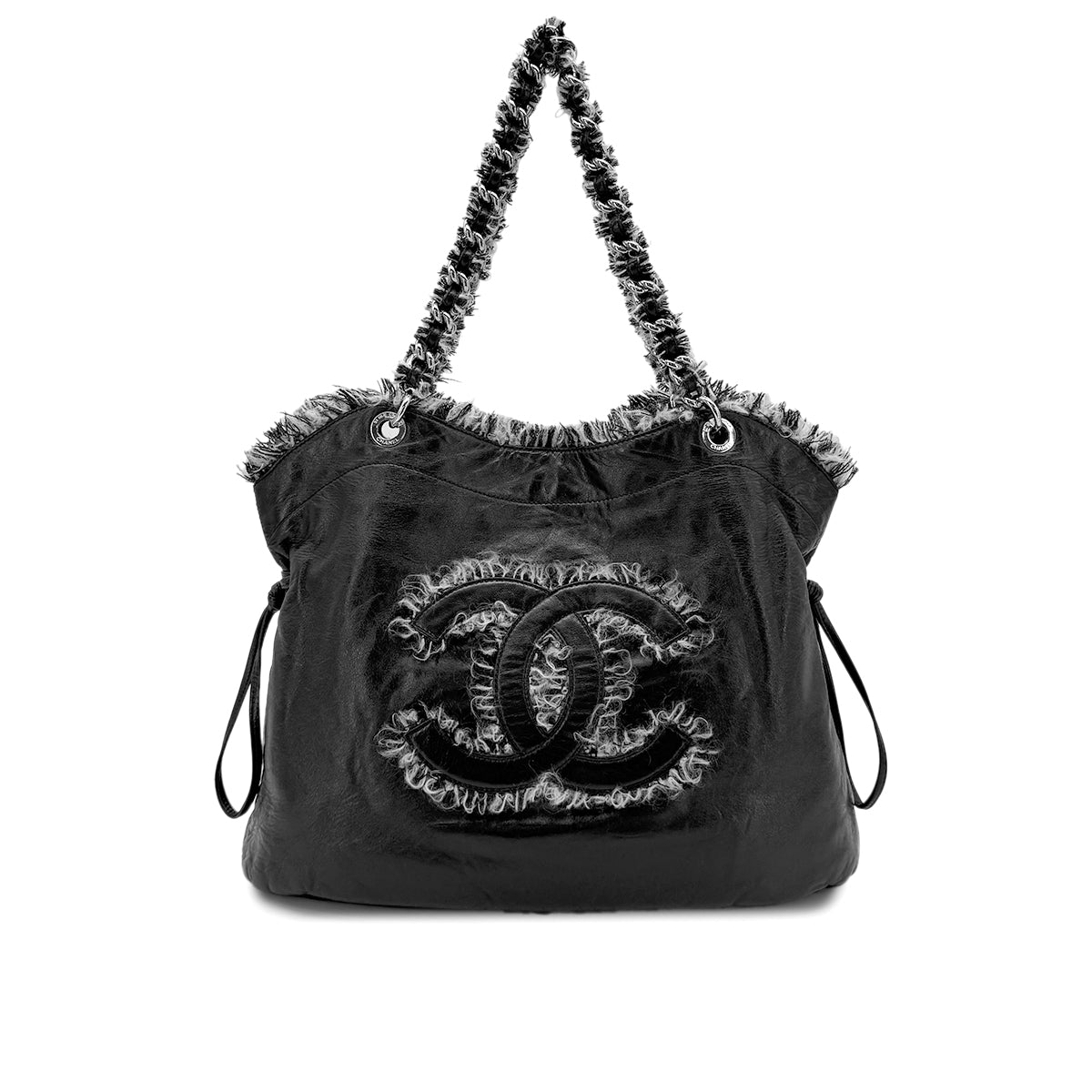 CHANEL DECACOCO CHAIN TOTE BAG BLACK TWEED LAMB SKIN 90269624